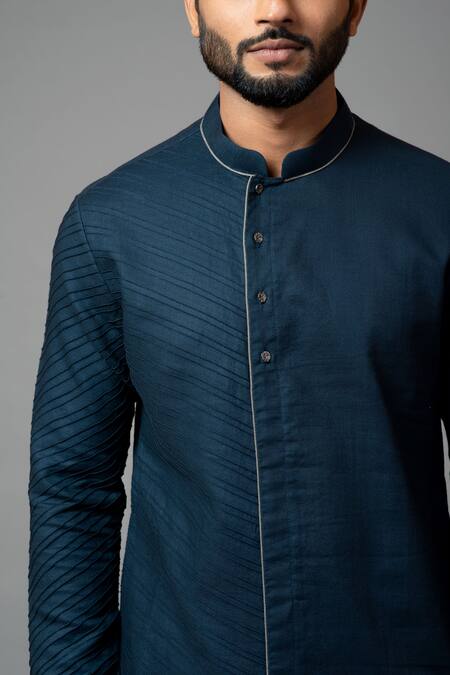 Shop_PAARSH_Blue Kurta Linen Pajama Pant Malai Cotton Pintuck Set _Online_at_Aza_Fashions