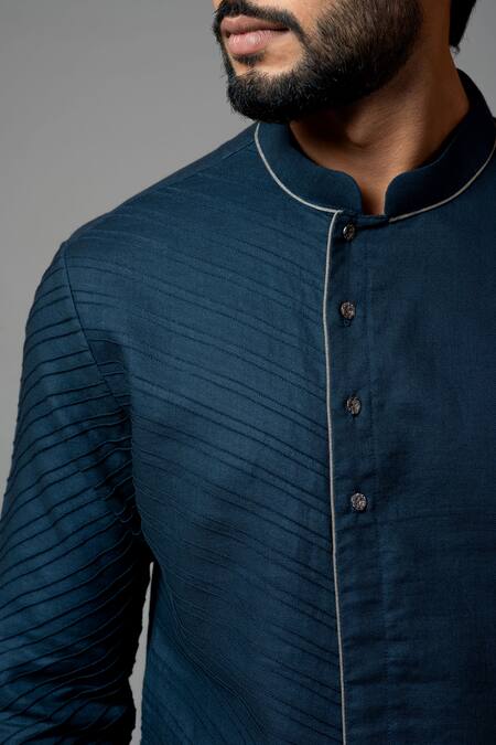 PAARSH_Blue Kurta Linen Pajama Pant Malai Cotton Pintuck Set _at_Aza_Fashions