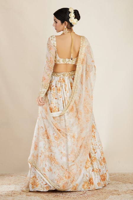 Shop_Astha Narang_White Organza, Net, Crepe U Neck Floral Print Lehenga Set _at_Aza_Fashions