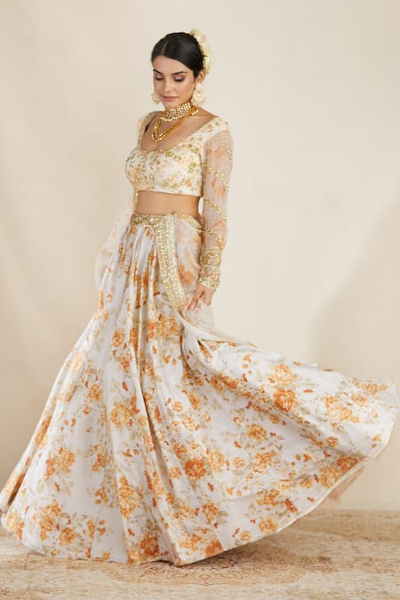 Astha Narang_White Organza, Net, Crepe U Neck Floral Print Lehenga Set _Online_at_Aza_Fashions