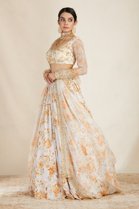 Buy_Astha Narang_White Organza, Net, Crepe U Neck Floral Print Lehenga Set _Online_at_Aza_Fashions