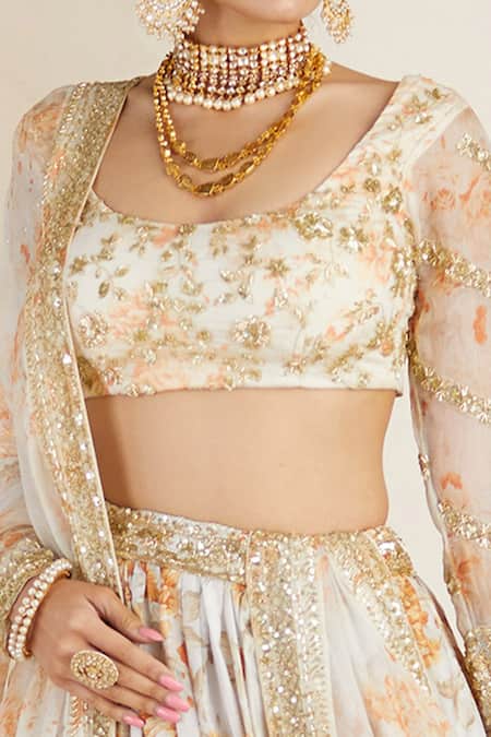 Shop_Astha Narang_White Organza, Net, Crepe U Neck Floral Print Lehenga Set _Online_at_Aza_Fashions