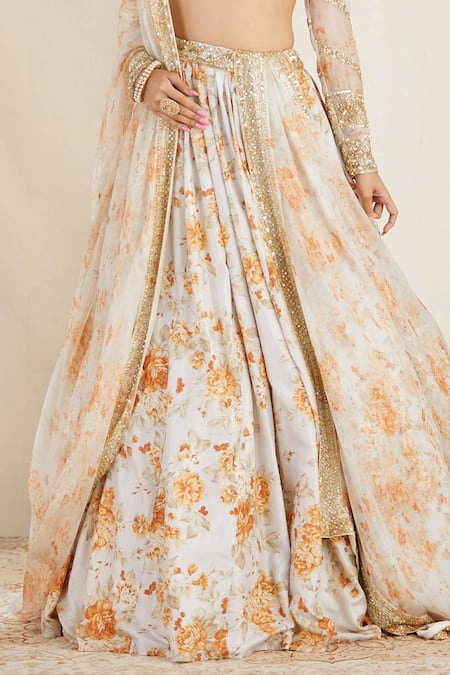 Astha Narang_White Organza, Net, Crepe U Neck Floral Print Lehenga Set _at_Aza_Fashions
