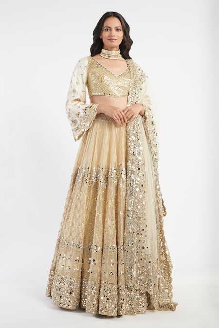 Abhinav Mishra Gold Blouse Raw Silk Lehenga Tissue Organza Mirror Embellished Bridal Set 