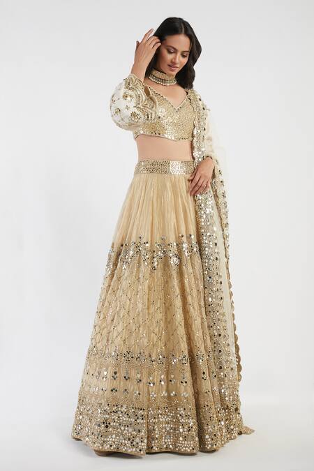 Abhinav Mishra_Gold Blouse Raw Silk Lehenga Tissue Organza Mirror Embellished Bridal Set_Online_at_Aza_Fashions