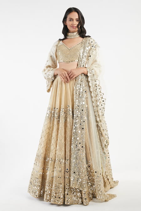 Buy_Abhinav Mishra_Gold Blouse Raw Silk Lehenga Tissue Organza Mirror Embellished Bridal Set_Online_at_Aza_Fashions