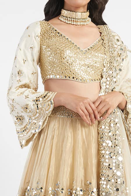 Abhinav Mishra_Gold Blouse Raw Silk Lehenga Tissue Organza Mirror Embellished Bridal Set_at_Aza_Fashions