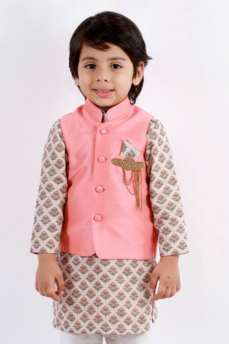 Shop Lil Angels Peach Muslin, Cotton Satin, Cotton, Silk Bundi And Floral Printed Kurta Set Online at Aza Fashions Shop_Lil Angels_Peach Muslin, Cotton Satin, Cotton, Silk Bundi And Floral Printed Kurta Set _Online_at_Aza_Fashions