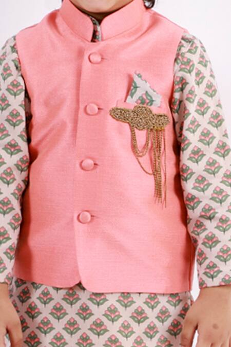 Lil Angels Peach Muslin, Cotton Satin, Cotton, Silk Bundi And Floral Printed Kurta Set at Aza Fashions Lil Angels_Peach Muslin, Cotton Satin, Cotton, Silk Bundi And Floral Printed Kurta Set _at_Aza_Fashions