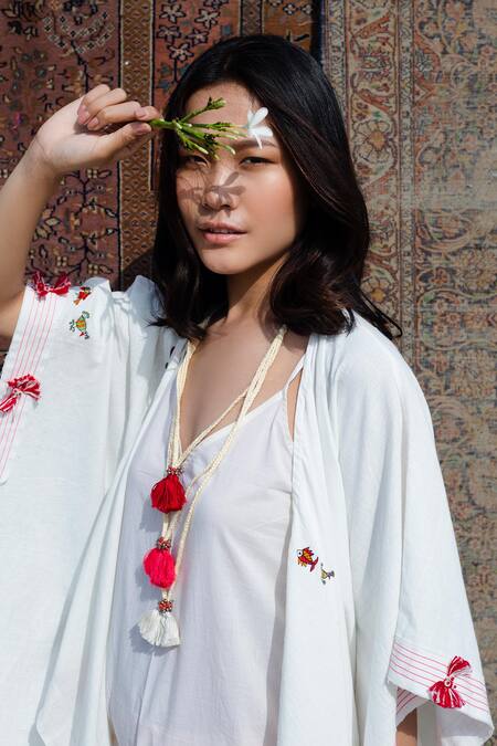 Nikasha White Cotton Open Kimono Jacket Online at Aza Fashions Nikasha_White Cotton Open Kimono Jacket _Online_at_Aza_Fashions