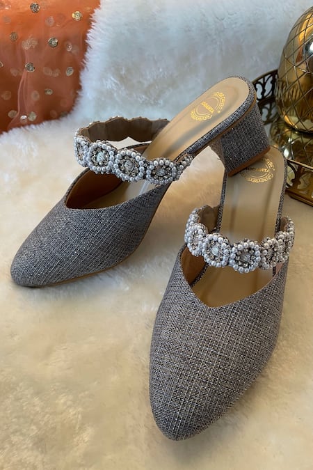 Buy Grey Embroidery Diamond Block Heels by Modanta Footwear Online