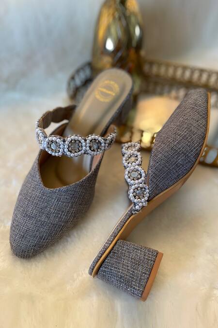 Modanta Footwear_Grey Embroidery Diamond Block Heels _Online_at_Aza_Fashions