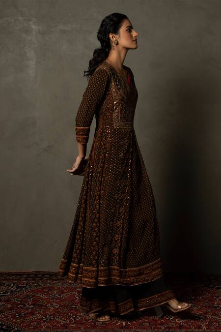RI.Ritu Kumar_Black Anarkali Rayon Crepe, Dupatta Viscose Chinon, Palazzo Embroidered Set_Online_at_Aza_Fashions