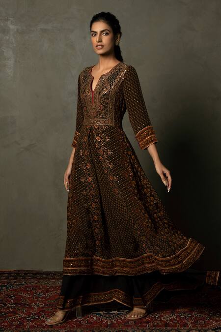 Buy_RI.Ritu Kumar_Black Anarkali Rayon Crepe, Dupatta Viscose Chinon, Palazzo Embroidered Set_Online_at_Aza_Fashions