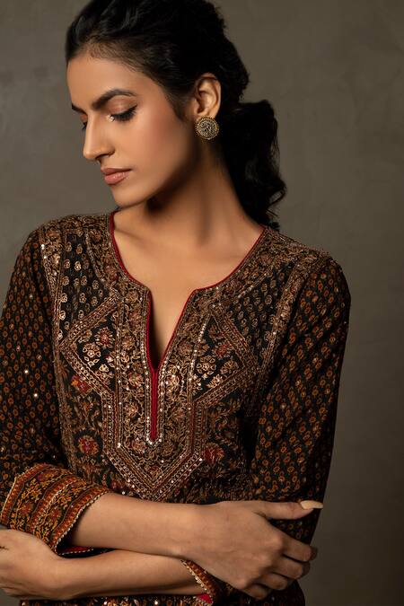 Shop_RI.Ritu Kumar_Black Anarkali Rayon Crepe, Dupatta Viscose Chinon, Palazzo Embroidered Set_Online_at_Aza_Fashions