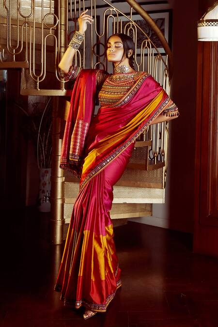 Tarun Tahiliani_Yellow Blouse-georgette, Saree-silk Mirror, Silk Colorblock Saree With Blouse_Online_at_Aza_Fashions