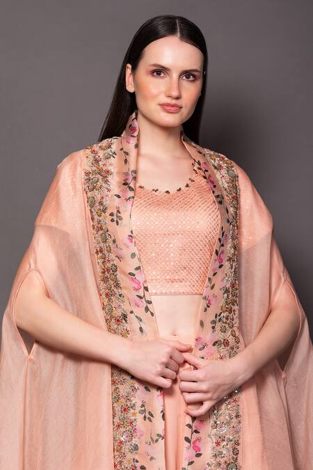 Buy Vara By Vibha N Priti Peach Georgette, Organza Beads, Embroidery Round Neck Sharara Set With Cape Online at Aza Fashions Buy_Vara By Vibha N Priti_Peach Georgette, Organza Beads, Embroidery Round Neck Sharara Set With Cape _Online_at_Aza_Fashions