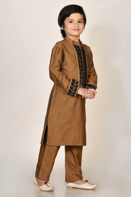 Petite Pomme_Brown Cotton, Silk Embroidery Kurta And Pant Set _Online_at_Aza_Fashions