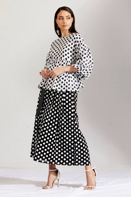 Shop_Label Earthen_Black Cotton Mal Round Polka Dot Print Skirt Set _Online_at_Aza_Fashions