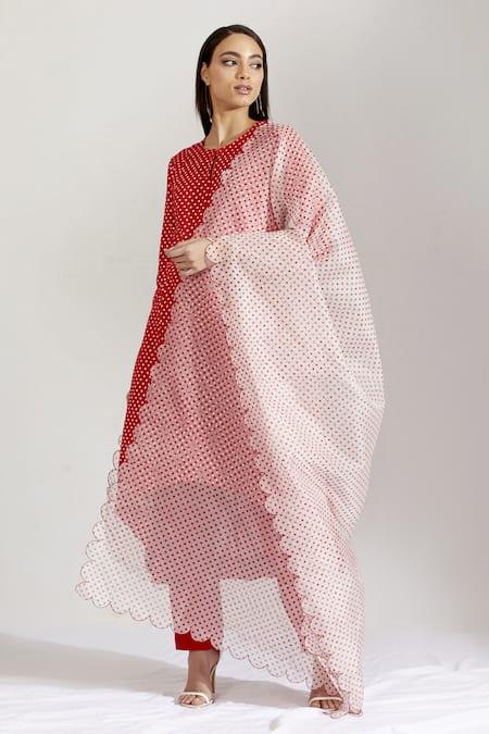 Label Earthen Red Cotton Mal, Organza Silk Round Polka Dot Print Kurta Set Online at Aza Fashions Label Earthen_Red Cotton Mal, Organza Silk Round Polka Dot Print Kurta Set _Online_at_Aza_Fashions