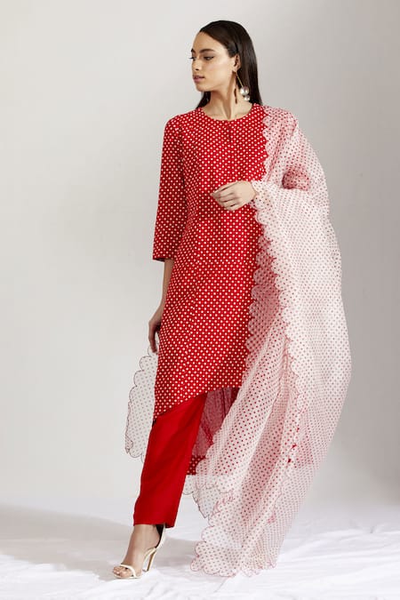 Buy Label Earthen Red Cotton Mal, Organza Silk Round Polka Dot Print Kurta Set Online at Aza Fashions Buy_Label Earthen_Red Cotton Mal, Organza Silk Round Polka Dot Print Kurta Set _Online_at_Aza_Fashions