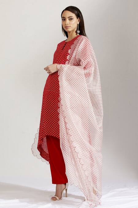 Shop Label Earthen Red Cotton Mal, Organza Silk Round Polka Dot Print Kurta Set Online at Aza Fashions Shop_Label Earthen_Red Cotton Mal, Organza Silk Round Polka Dot Print Kurta Set _Online_at_Aza_Fashions