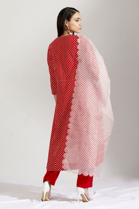 Shop Label Earthen Red Cotton Mal, Organza Silk Round Polka Dot Print Kurta Set at Aza Fashions Shop_Label Earthen_Red Cotton Mal, Organza Silk Round Polka Dot Print Kurta Set _at_Aza_Fashions