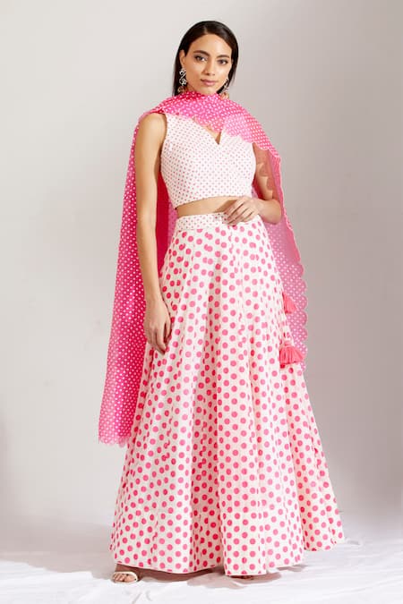 Buy_Label Earthen_White Cotton Mal, Organza Silk V Neck Polka Dot Print Lehenga Set _Online_at_Aza_Fashions