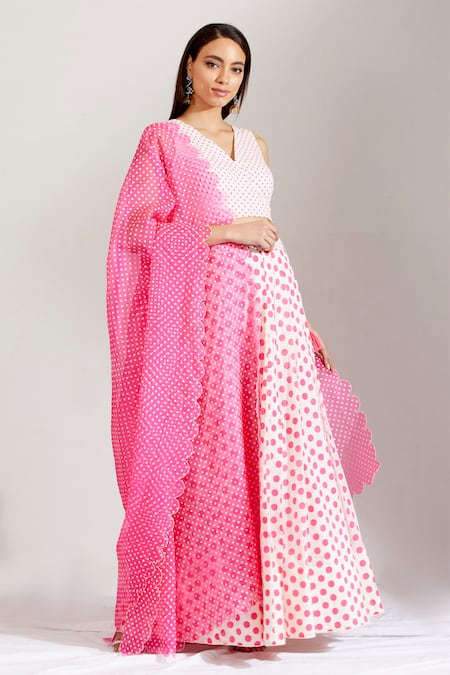 Label Earthen_White Cotton Mal, Organza Silk V Neck Polka Dot Print Lehenga Set _Online_at_Aza_Fashions