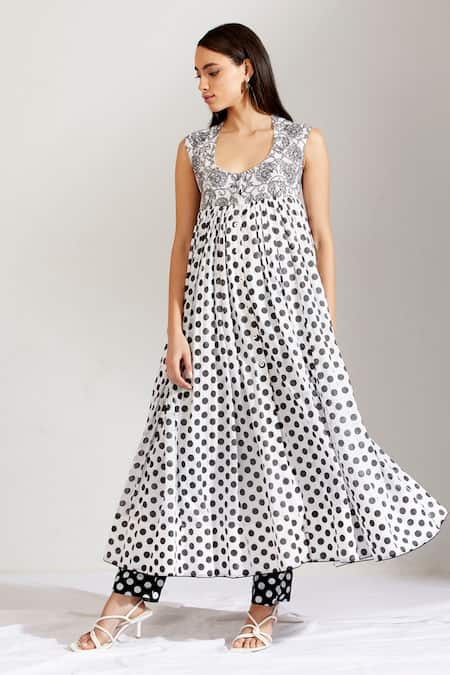 Buy_Label Earthen_Black Cotton Mal U Neck Polka Dot Print Anarkali And Pant Set _Online_at_Aza_Fashions