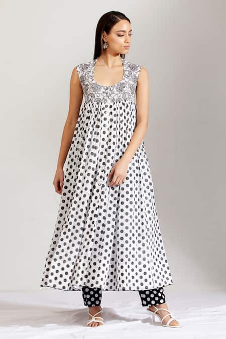 Shop_Label Earthen_Black Cotton Mal U Neck Polka Dot Print Anarkali And Pant Set _Online_at_Aza_Fashions