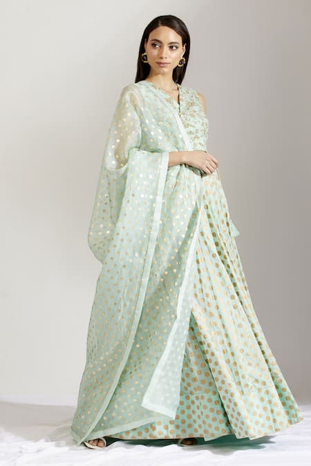 Label Earthen Green Cotton Mal V Neck Polka Dot Print Lehenga Set 