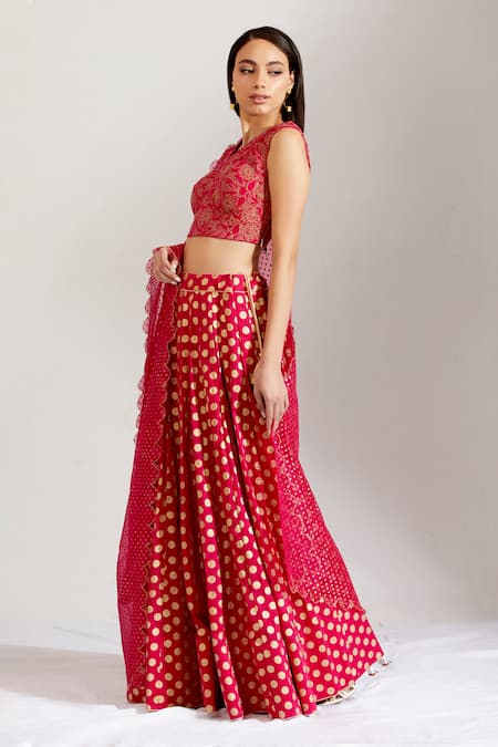Buy_Label Earthen_Pink Cotton Mal, Organza Silk V Neck Polka Dot Print Lehenga Set _Online_at_Aza_Fashions