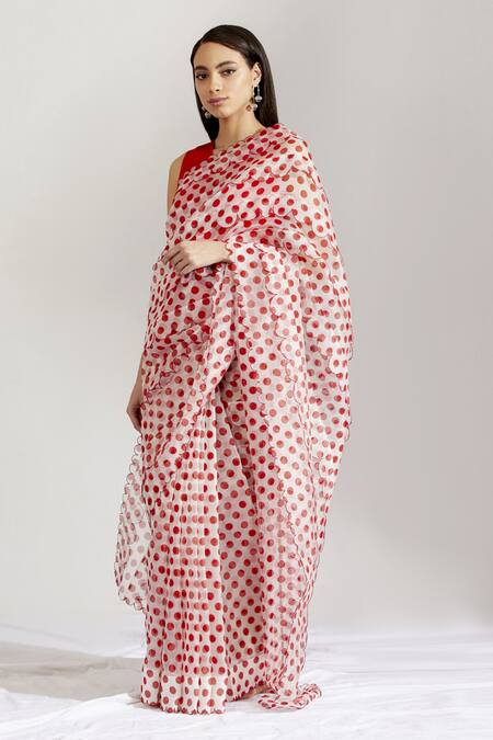 Label Earthen_White Satin , Organza V Neck Saree With Blouse _Online_at_Aza_Fashions