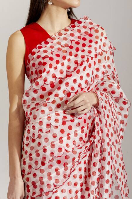 Label Earthen_White Satin , Organza V Neck Saree With Blouse _at_Aza_Fashions