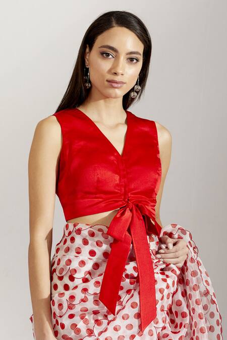 Buy_Label Earthen_White Satin , Organza V Neck Saree With Blouse _Online_at_Aza_Fashions