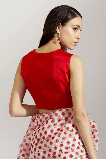 Shop_Label Earthen_White Satin , Organza V Neck Saree With Blouse _Online_at_Aza_Fashions