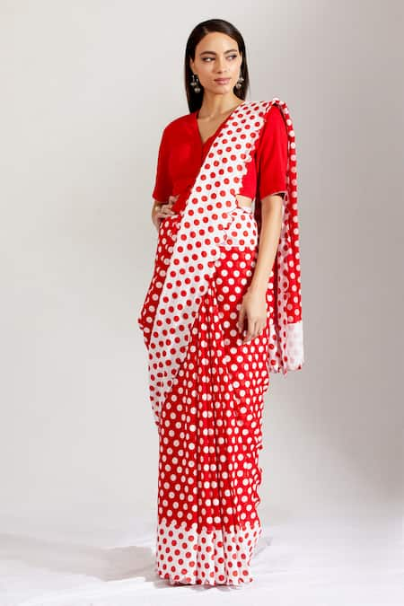 Women's Red Polka Dot Boby Print Chiffon Saree With Red Satin Border - –  Trendia