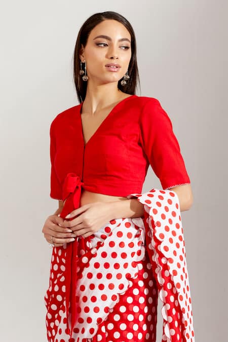 Shop_Label Earthen_White Cotton Mal V Neck Polka Dot Print Saree With Blouse _Online_at_Aza_Fashions