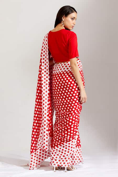 Shop_Label Earthen_White Cotton Mal V Neck Polka Dot Print Saree With Blouse _at_Aza_Fashions