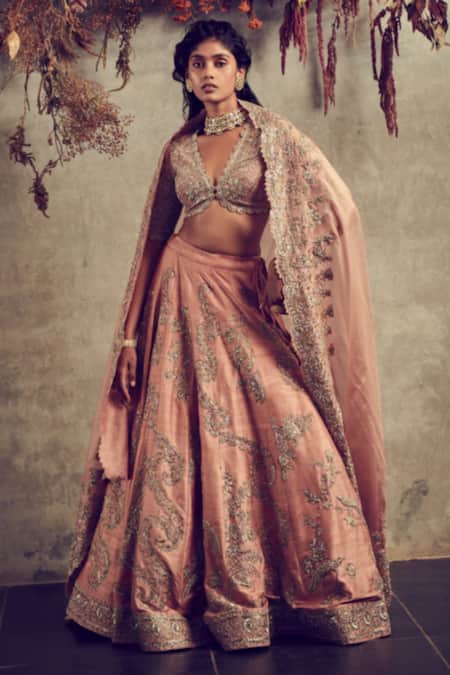 Shop Jayanti Reddy Peach Raw Silk V Neck Embroidered Bridal Lehenga Set at Aza Fashions Shop_Jayanti Reddy_Peach Raw Silk V Neck Embroidered Bridal Lehenga Set _at_Aza_Fashions