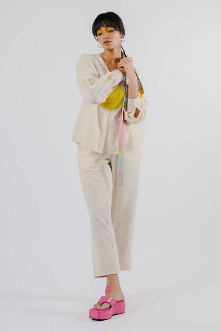 Tussah By Siddhi Shah Off White , Handloom Patchwork V-neck Shirt And Pant Set at Aza Fashions Tussah By Siddhi Shah_Off White , Handloom Patchwork V-neck Shirt And Pant Set _at_Aza_Fashions
