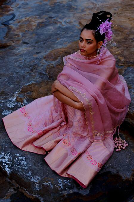 Ekaya Banaras_Pink Silk Handcrafted Bridal Lehenga Set With Unstitched Blouse Fabric_at_Aza_Fashions