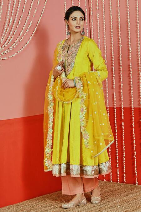Shop_Myaara_Yellow Chanderi, Cotton, Organza Sequins, Embroidery Split Yoke Anarkali Set_Online_at_Aza_Fashions