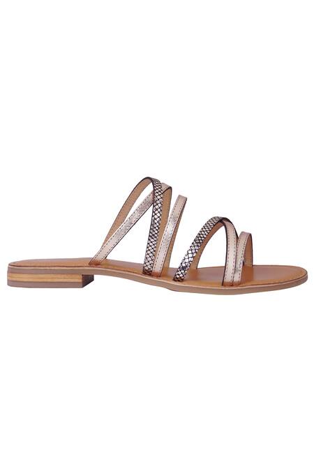 Nine By Janine_Gold Snake Foil Print Lucy Leather Multi Strap Flats _Online_at_Aza_Fashions