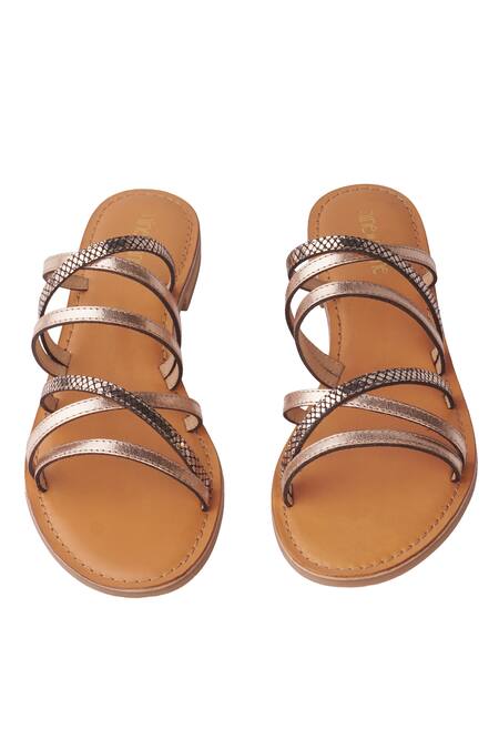 Buy_Nine By Janine_Gold Snake Foil Print Lucy Leather Multi Strap Flats _Online_at_Aza_Fashions