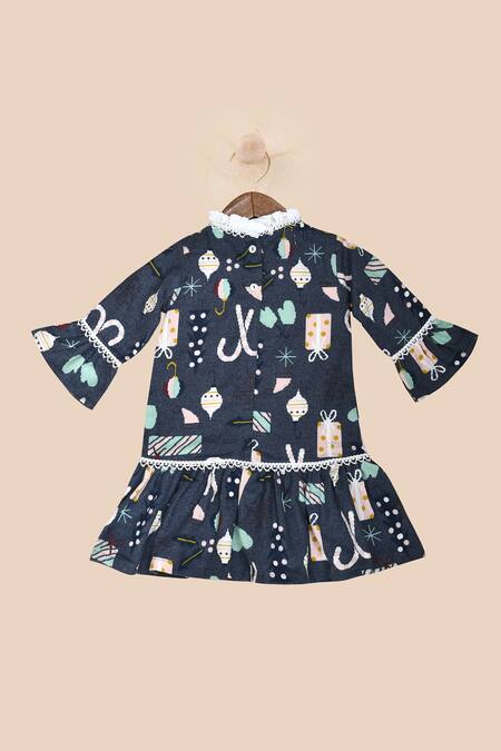 Shop Pankhuri By Priyanka Blue Flannel Lace Christmas Print Dress Online at Aza Fashions Shop_Pankhuri By Priyanka_Blue Flannel Lace Christmas Print Dress _Online_at_Aza_Fashions
