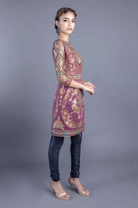 Abhishek Gupta_Purple Cotton Satin Lining Shantoon Embroidery Round Tunic Set  _Online_at_Aza_Fashions