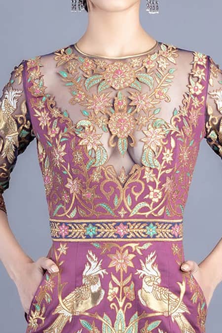 Shop_Abhishek Gupta_Purple Cotton Satin Lining Shantoon Embroidery Round Tunic Set  _Online_at_Aza_Fashions