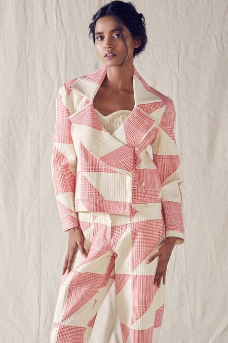 EK Katha_White Handloom Cotton Checks Notched Collar Quilted Blazer And Pant Set_Online_at_Aza_Fashions